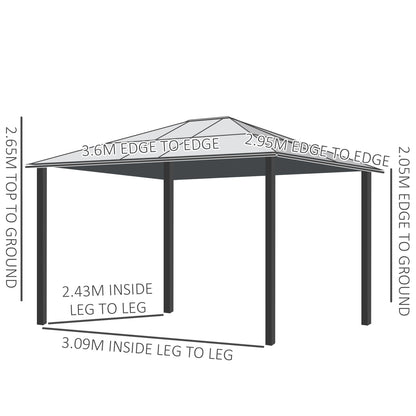 3 x 3.6(m) Hardtop Gazebo Canopy with Polycarbonate Roof and Aluminium Frame, Garden Pavilion, Brown