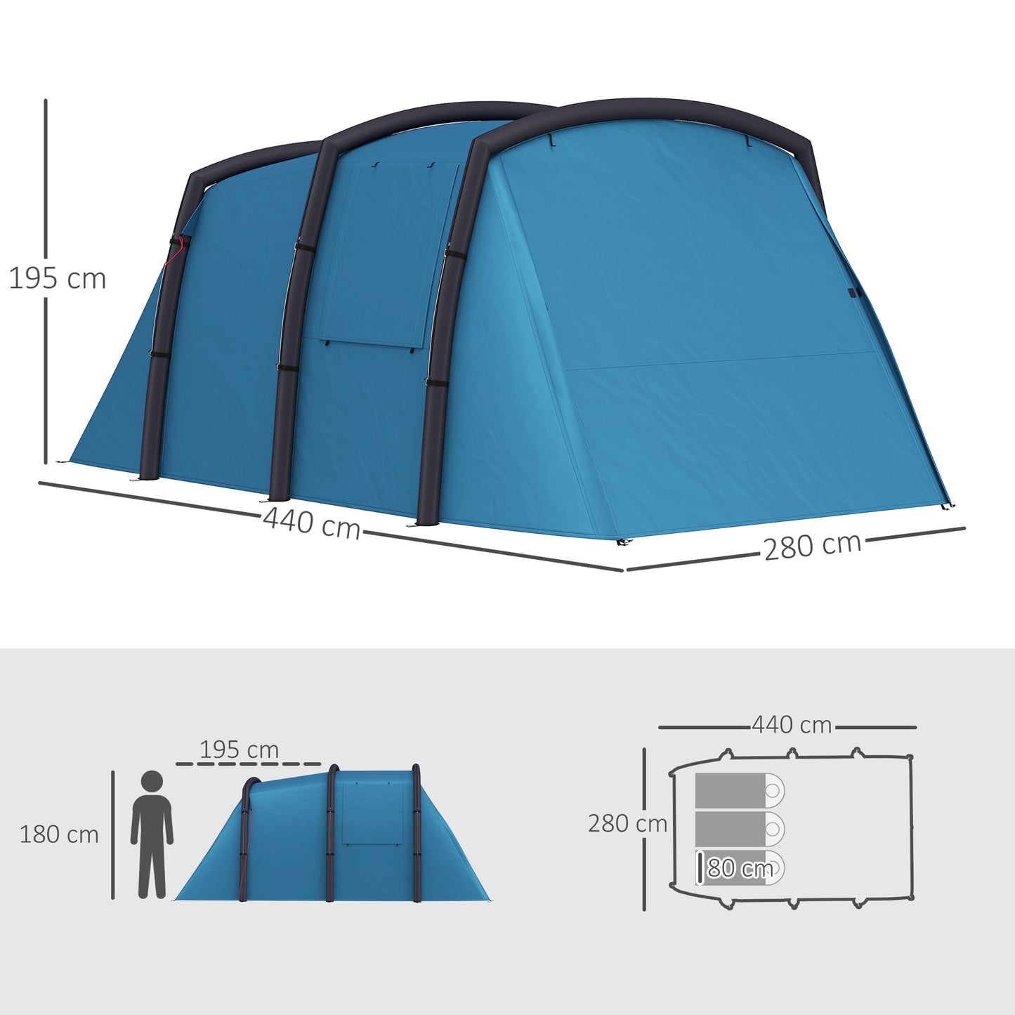 Inflatable 3-4 Man Tunnel Tent w/ Air Pump, Living Area & Vestibule, Waterproof Family Camping Air Tent, Sewn In Groundsheet