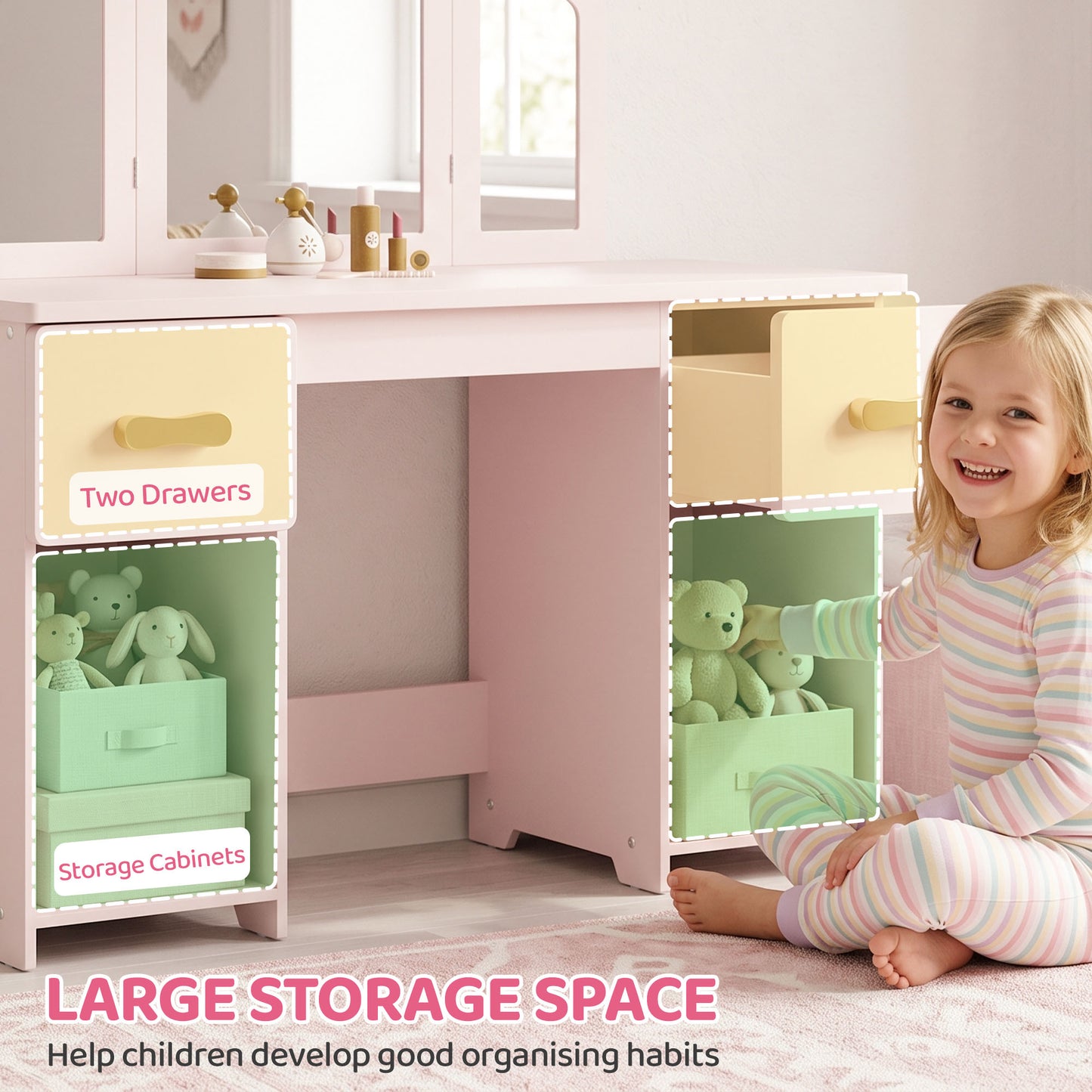Kids Dressing Table, Kids Vanity Table and Chair Set with Tri-Folding Mirror, 2 Drawers, 2 Cabinets for Girls 3+, Pink