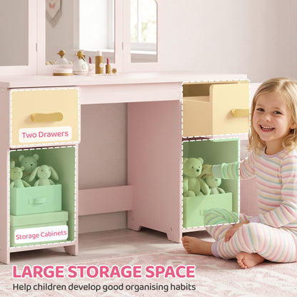 Kids Dressing Table, Kids Vanity Table and Chair Set with Tri-Folding Mirror, 2 Drawers, 2 Cabinets for Girls 3+, Pink
