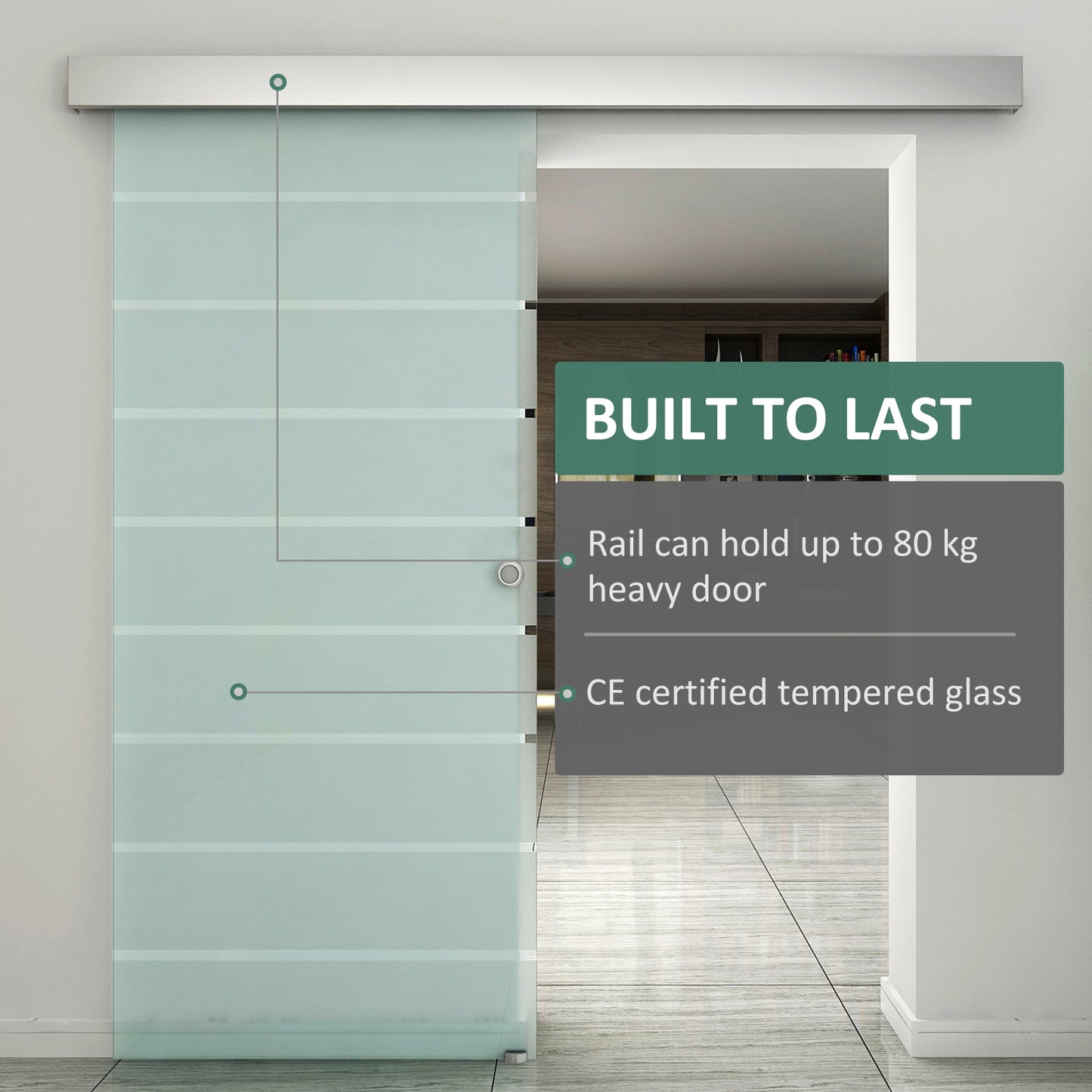 90cm Sliding Glass Door with Hardware Track Kit, Frosted Tempered Glass with Stripe Pattern, Round Handle