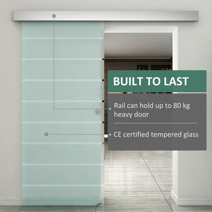 90cm Sliding Glass Door with Hardware Track Kit, Frosted Tempered Glass with Stripe Pattern, Round Handle