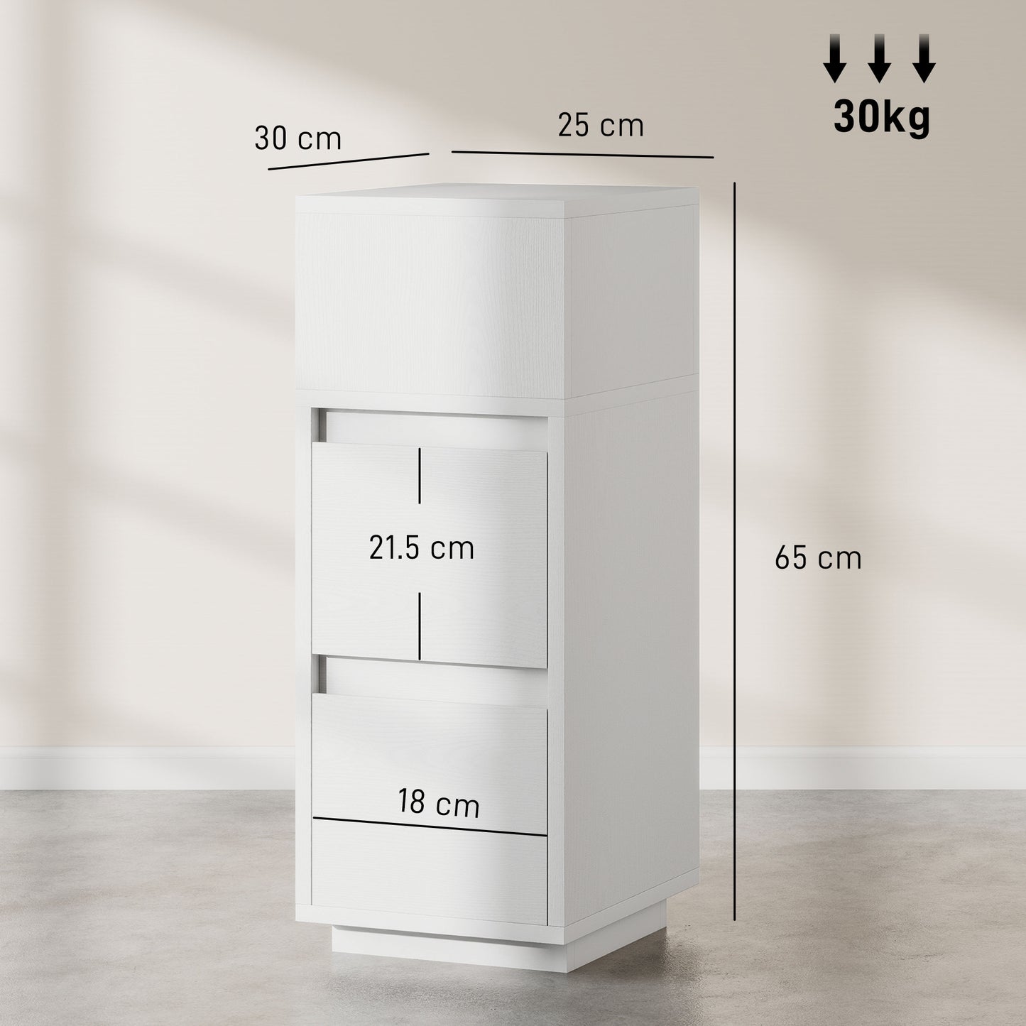 Slim Bedside Table, Narrow Bedside Cabinet with Open Shelf and 2 Drawers for Bedroom, Living Room, White