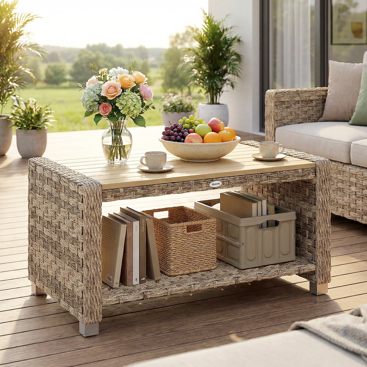 Outdoor Coffee Table with Storage Shelf, PE Rattan Side Table with Slatted Top and Foot Pads, Light Brown