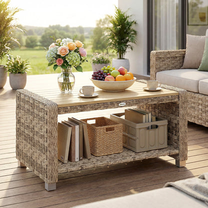 Outdoor Coffee Table with Storage Shelf, PE Rattan Side Table with Slatted Top and Foot Pads, Light Brown
