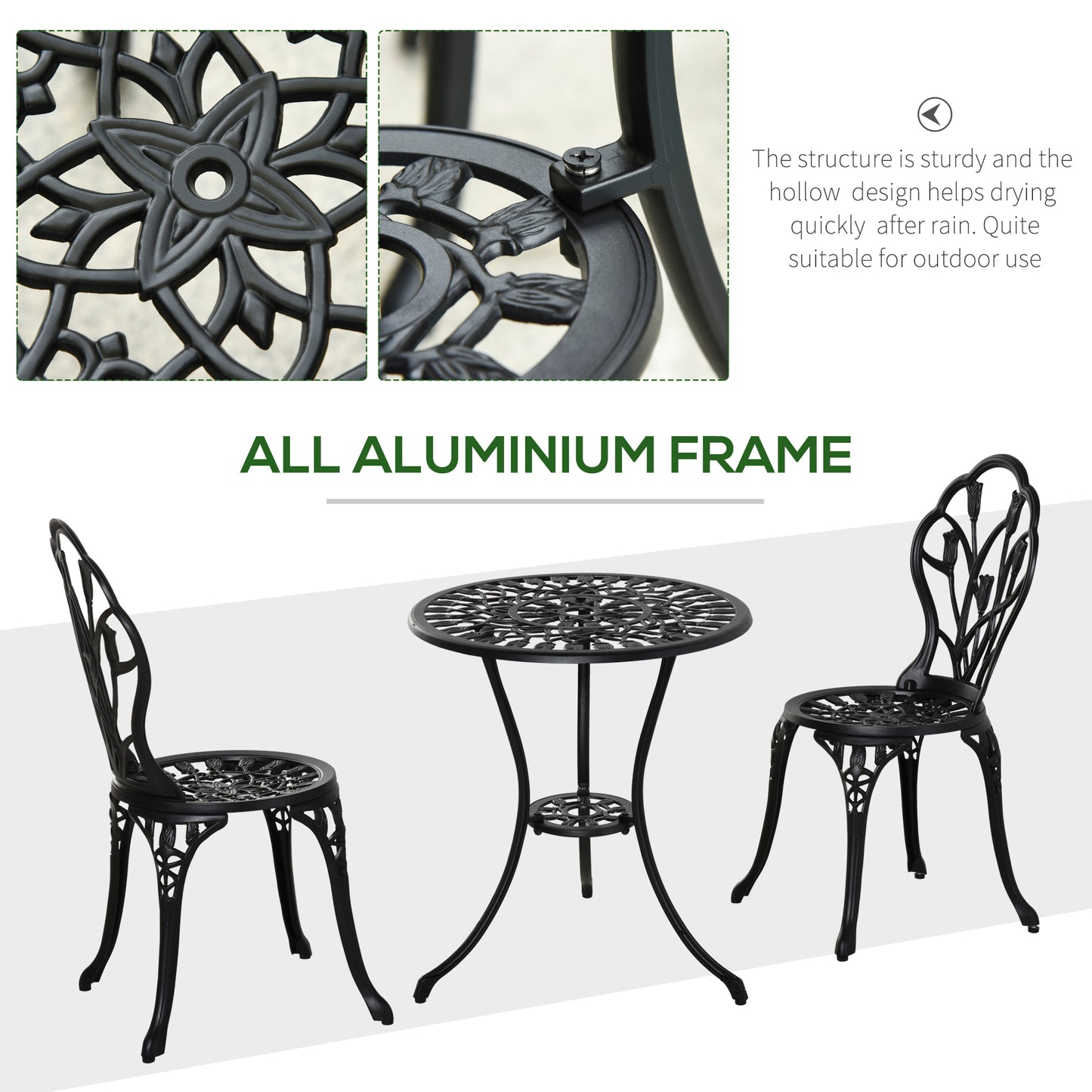 Three-Piece Aluminium Floral Bistro Garden Set - Black