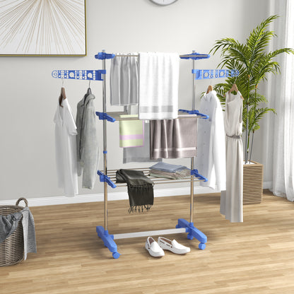 Three-Shelf Collapsing Clothes Horse, With Side Arms and Wheels - Blue