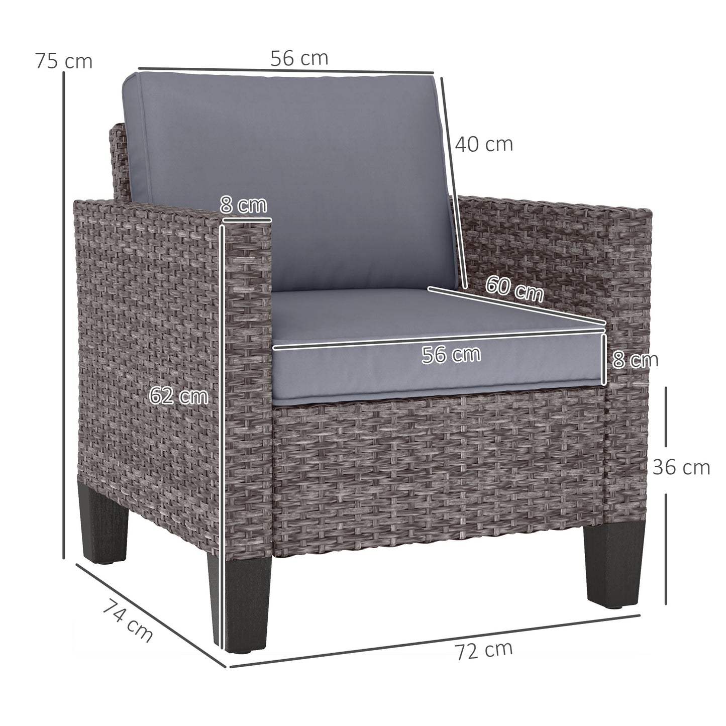 Single Rattan Armchair, with Cushions - Mixed Grey