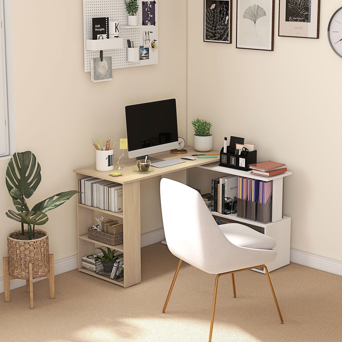 Corner Computer Desk, L Shaped Desk with 360° Rotating Bookshelf, 120L x 110W x 74.5H cm, Natural and White