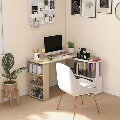 Corner Computer Desk, L Shaped Desk with 360° Rotating Bookshelf, 120L x 110W x 74.5H cm, Natural and White
