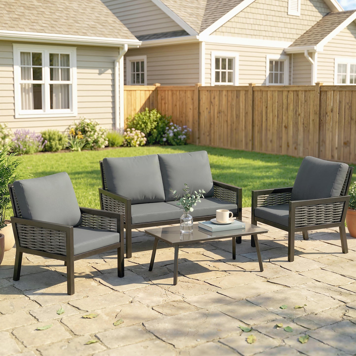 4 Seater Rattan Garden Furniture Set with 2 Armchairs, Loveseat, Coffee Table, Garden Sofa Set with Cushions, Dark Grey