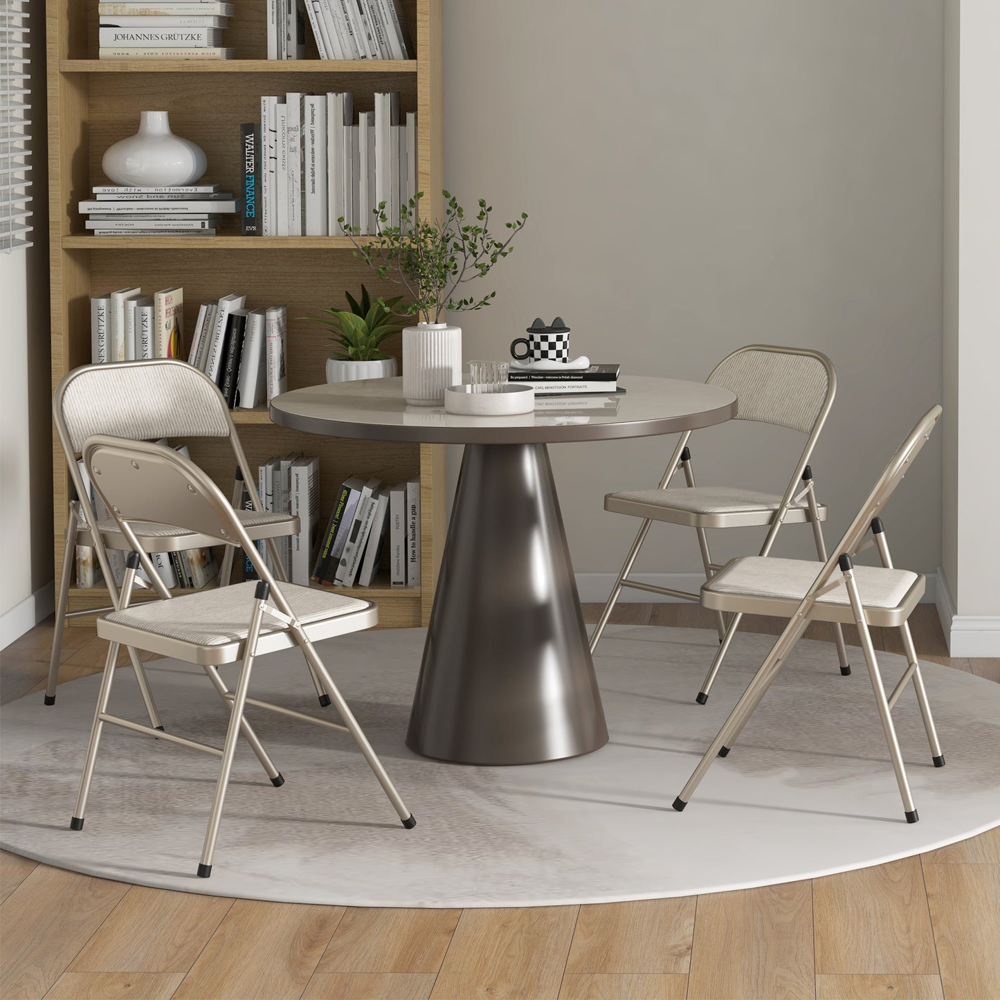 Linen-Look Set of Four Cushioned Folding Chairs - Beige
