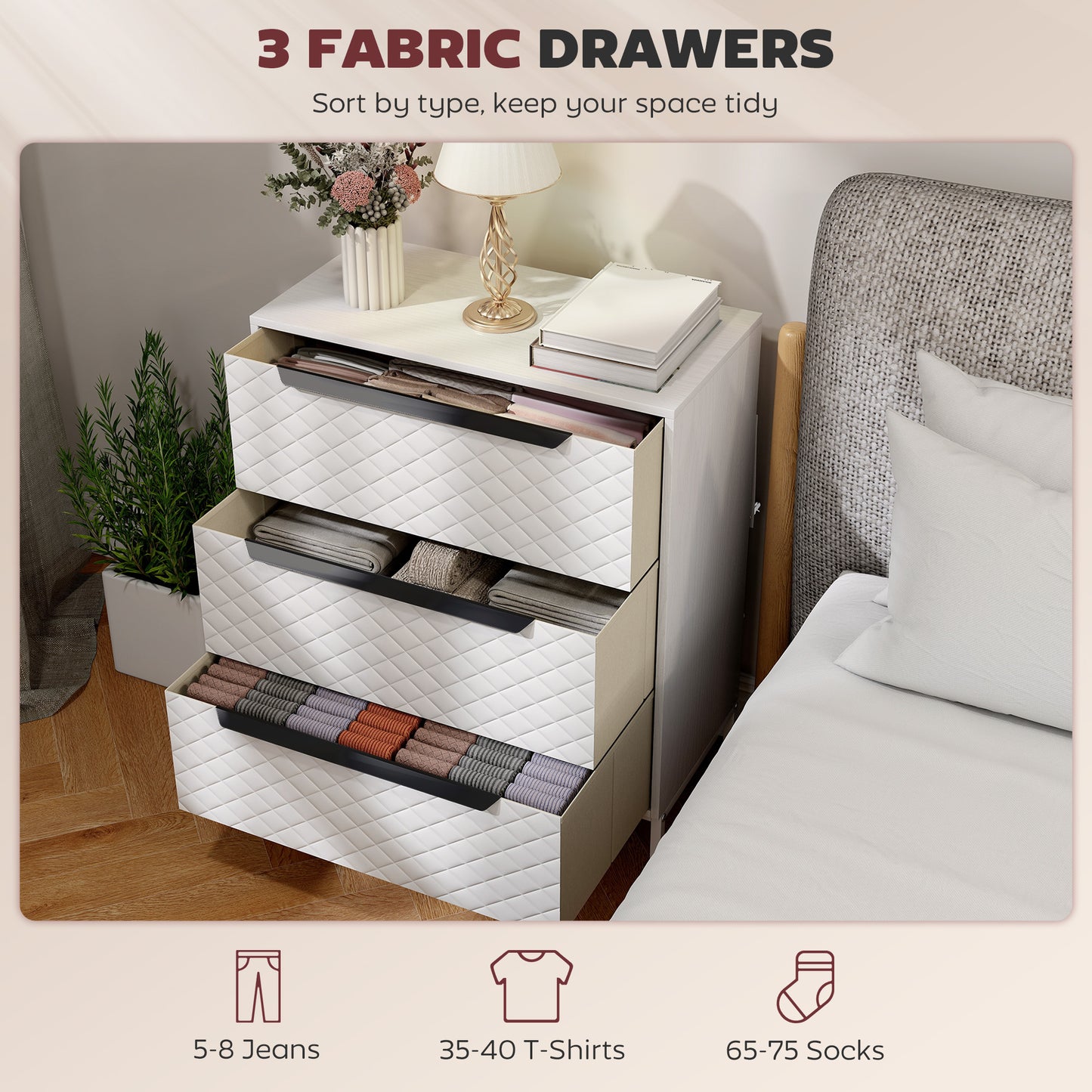 Chest of Drawers, Dresser with 3 Fabric Drawers and Aluminium Handles - White
