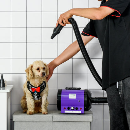 Dog Hair Dryer Pet Grooming Blaster Dryer Blower Adjustable Temperature Speed with 2.1M Flexible Hose 3 Nozzles - Purple