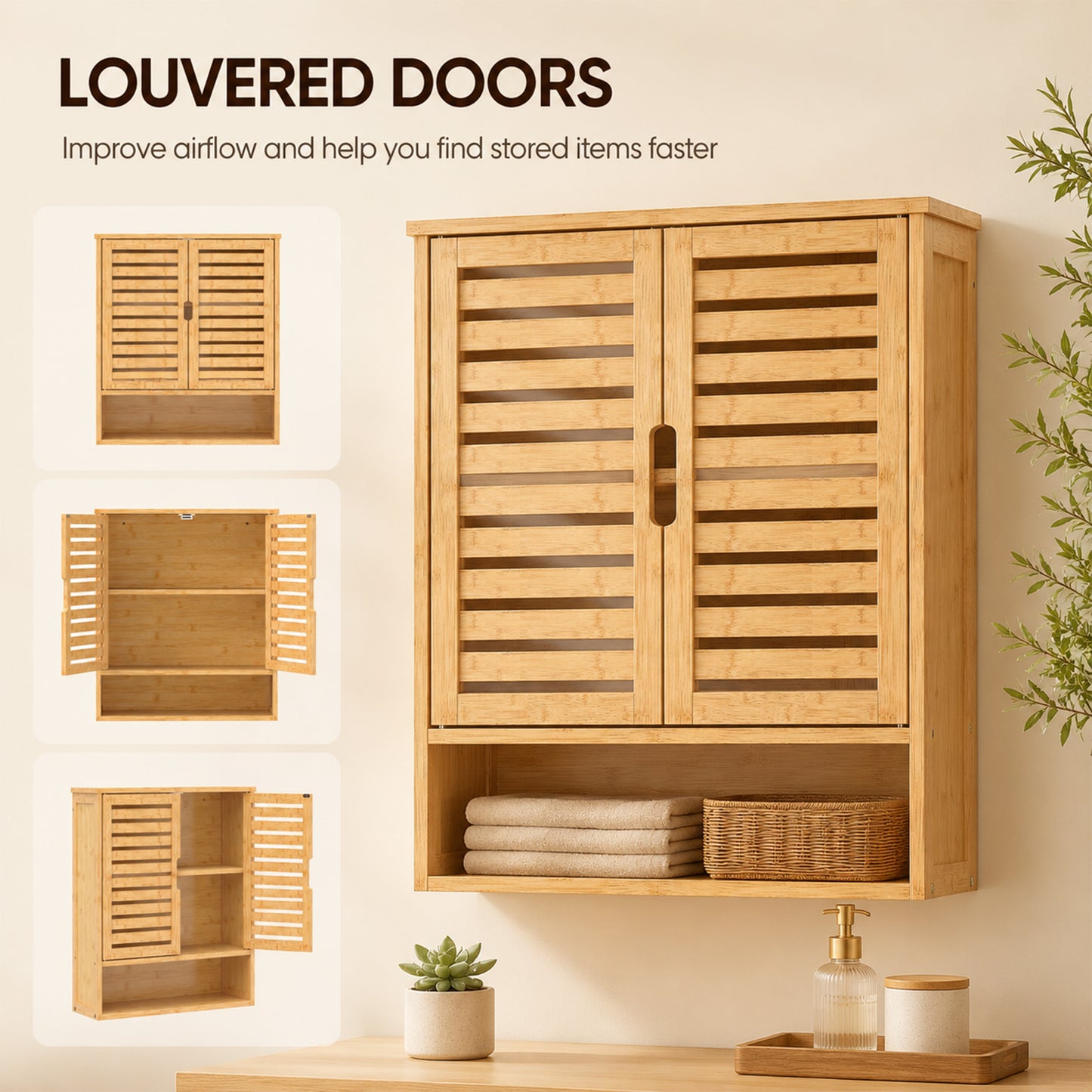 Bathroom Wall Cabinet, Wall Mounted Bathroom Cabinet with 2 Louvered Doors, Open Shelf and Adjustable Shelf Storage