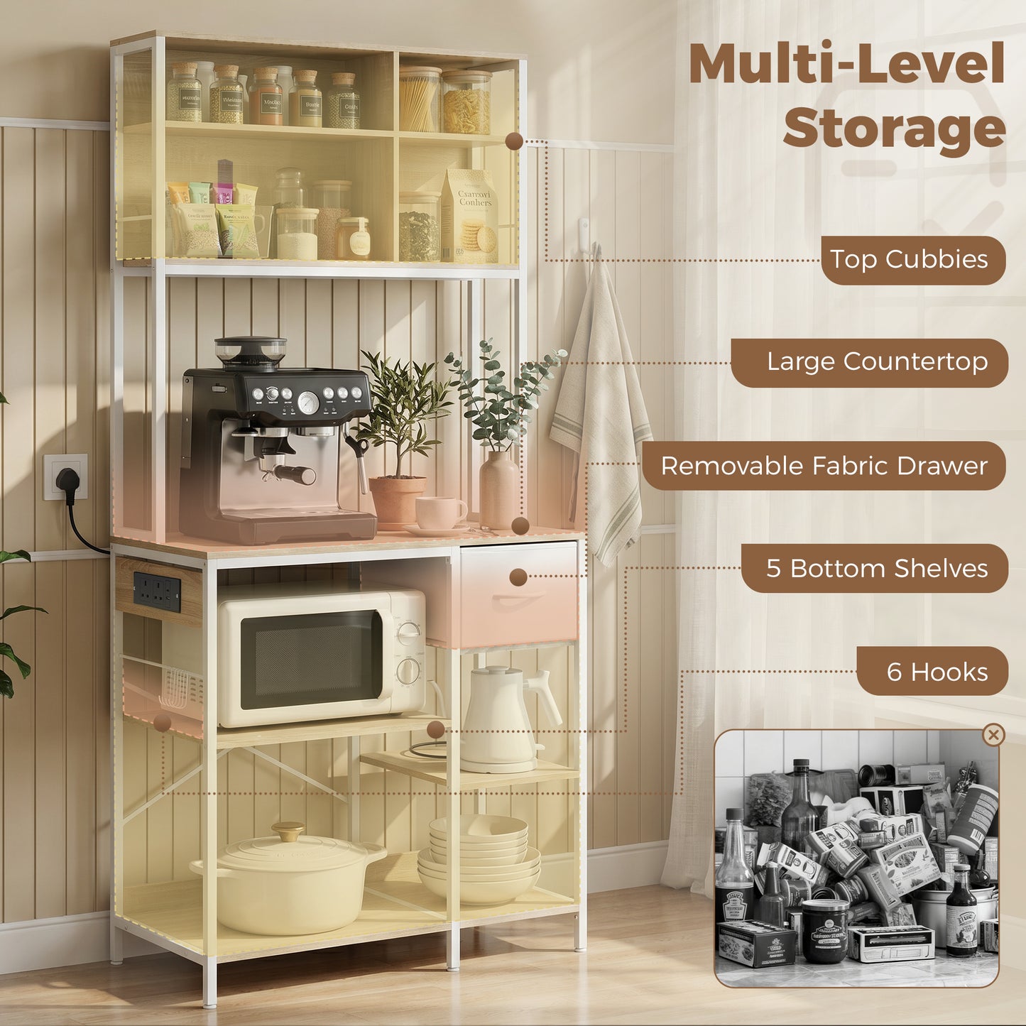 Kitchen Baker's Rack, Microwave Stand with Storage Shelves and 6 Hooks for Small Spaces