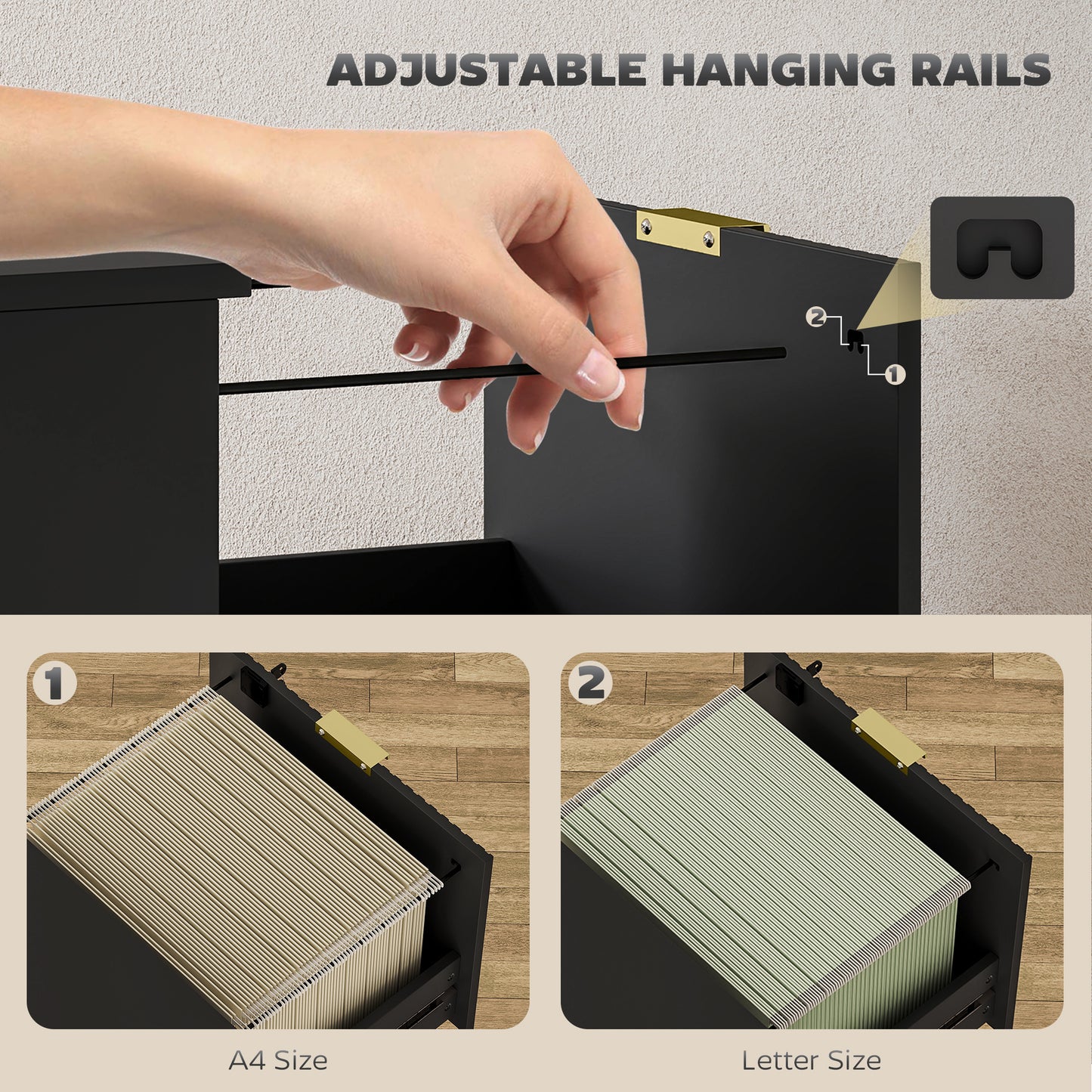 Filing Cabinet, Fluted Vertical File Cabinet with 3 Lockable Drawers and Hanging Rails, Black