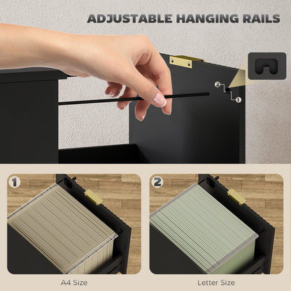 Filing Cabinet, Fluted Vertical File Cabinet with 3 Lockable Drawers and Hanging Rails, Black