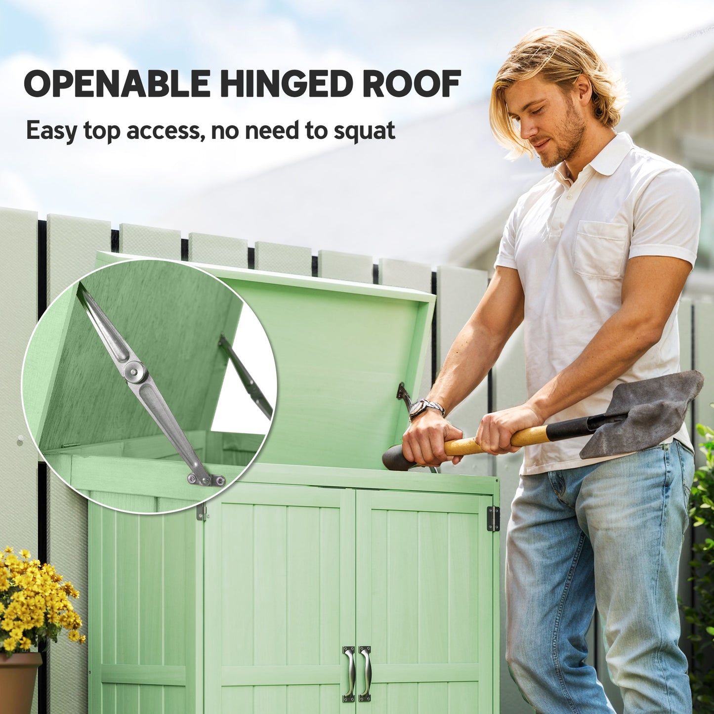 Small Shed, Wooden Garden Shed with Openable Hinged Roof and Removable Shelf, 74 x 43 x 88 cm, Light Green