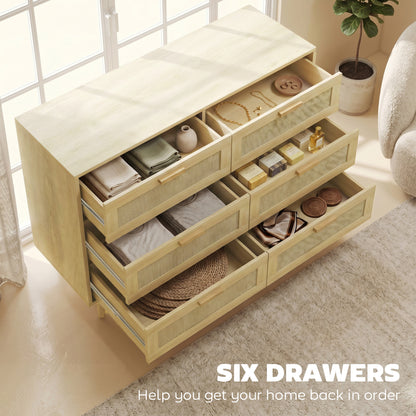 Chest of Drawers, 6-Drawer Dresser, Tall Storage Drawer Unit with Rattan Element for Bedroom, Living Room, Oak