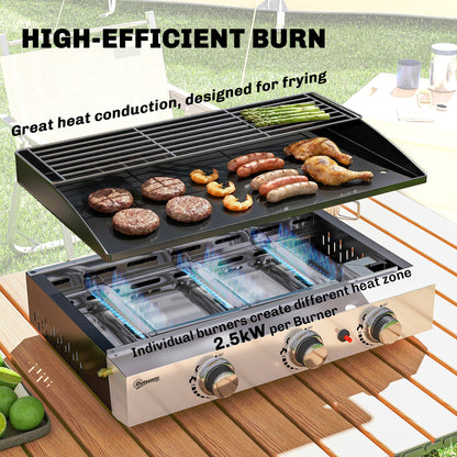 3 Burner Grill Griddle, Portable Gas Plancha with Warming Rack, 7.5 kW, Tabletop Gas BBQ with Grease Cup, Black