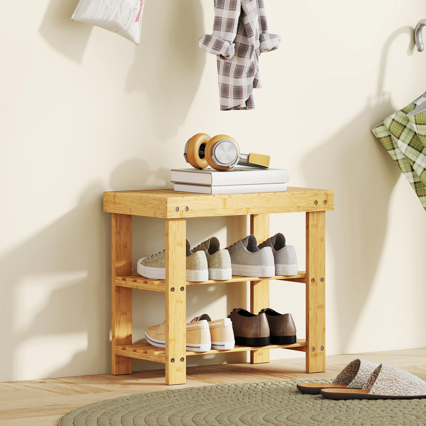 Two Shelf Bamboo Shoe Storage Bench - Natural Finish