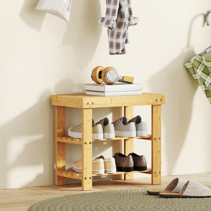Two Shelf Bamboo Shoe Storage Bench - Natural Finish