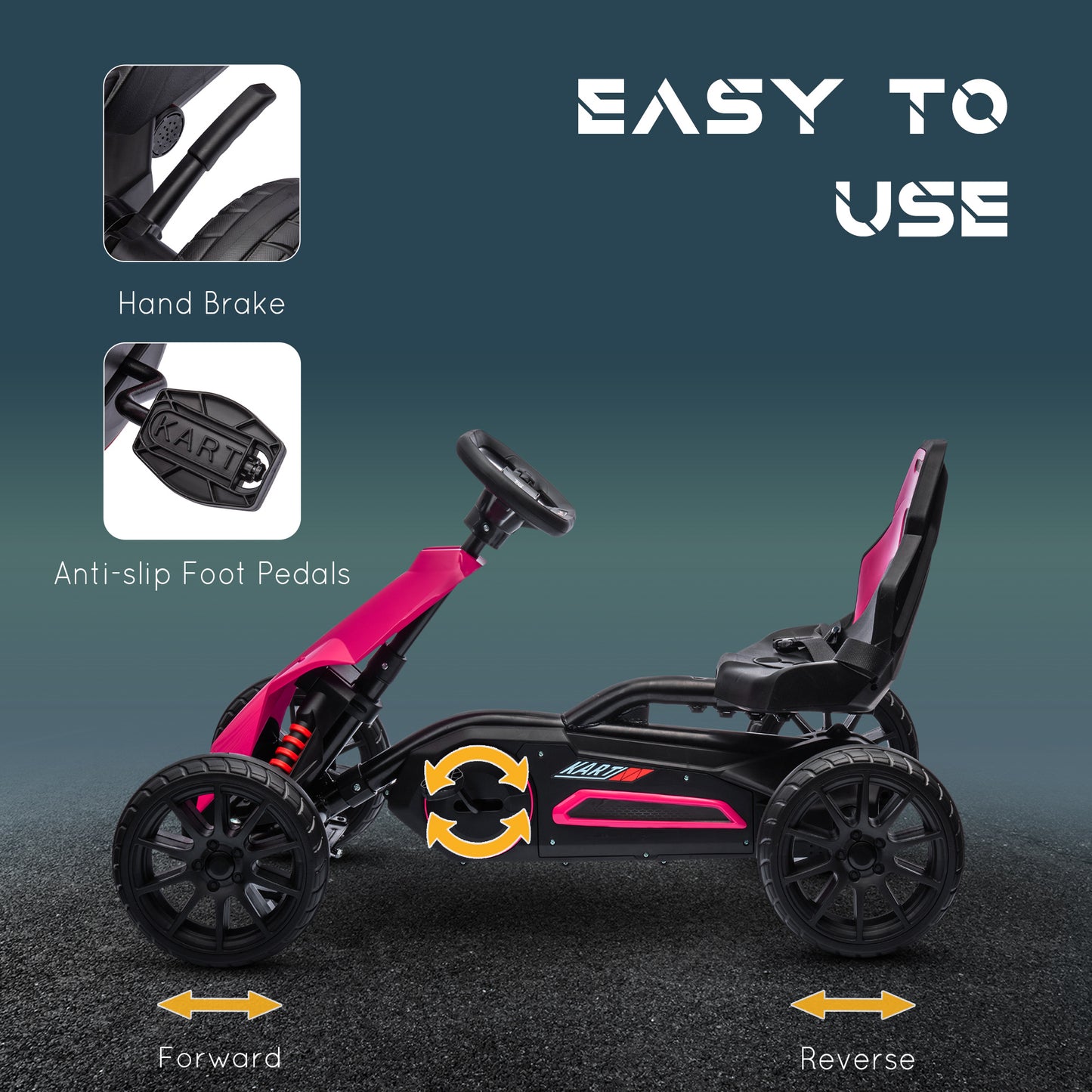 Kids Pedal Go Kart, with Adjustable Seat, EVA Wheels, Seat, Handbrake - Pink