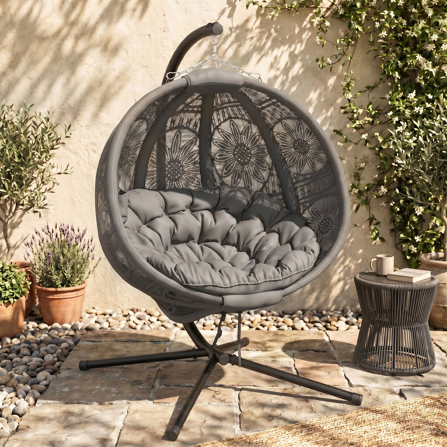 Round Egg Basket Chair, with Steel Stand, Charcoal Grey