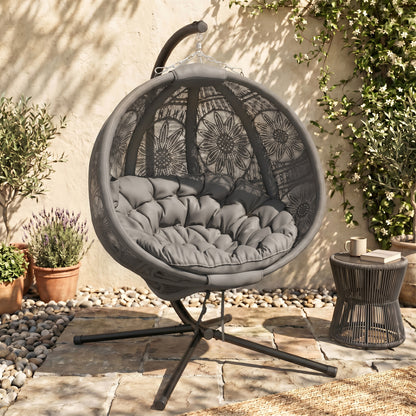 Round Egg Basket Chair, with Steel Stand, Charcoal Grey