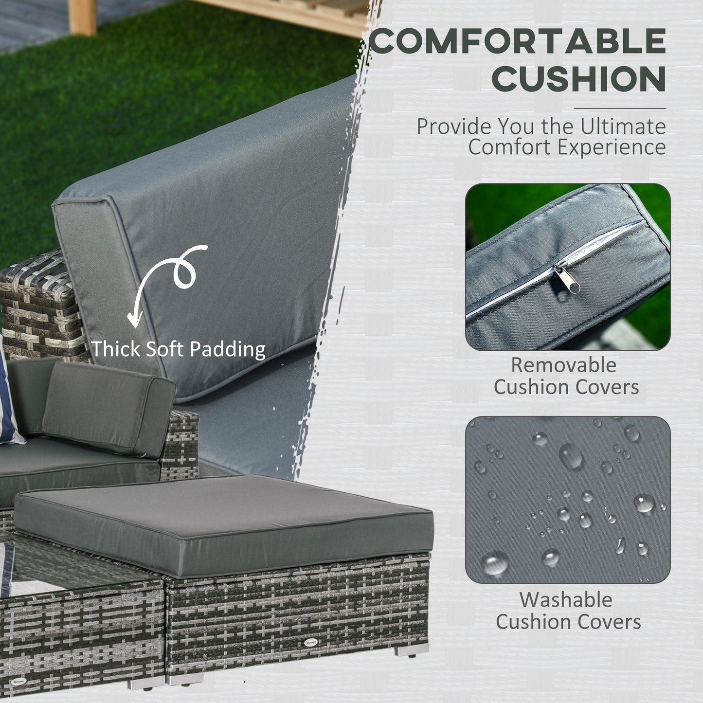 6 PC Rattan Sofa Coffee Table Set Sectional Wicker Weave Furniture for Garden Outdoor Conservatory w/ Pillow Cushion Grey
