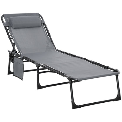 Portable Sun Lounger, Folding Camping Bed Cot, Reclining Lounge Chair 5-position Adjustable Backrest with Side Pocket
