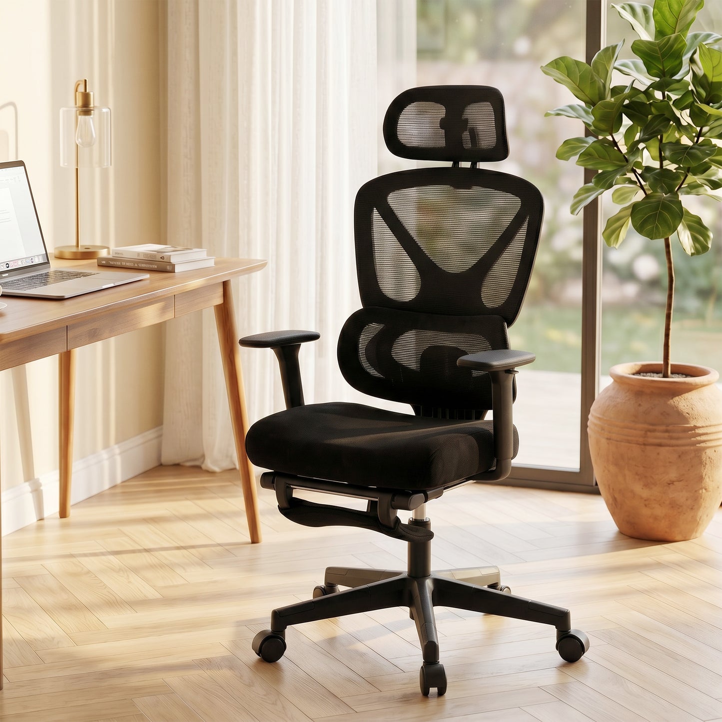 Mesh Desk Chair with 3D Armrests, Ergonomic Office Chair with Rotatable Headrest, Black