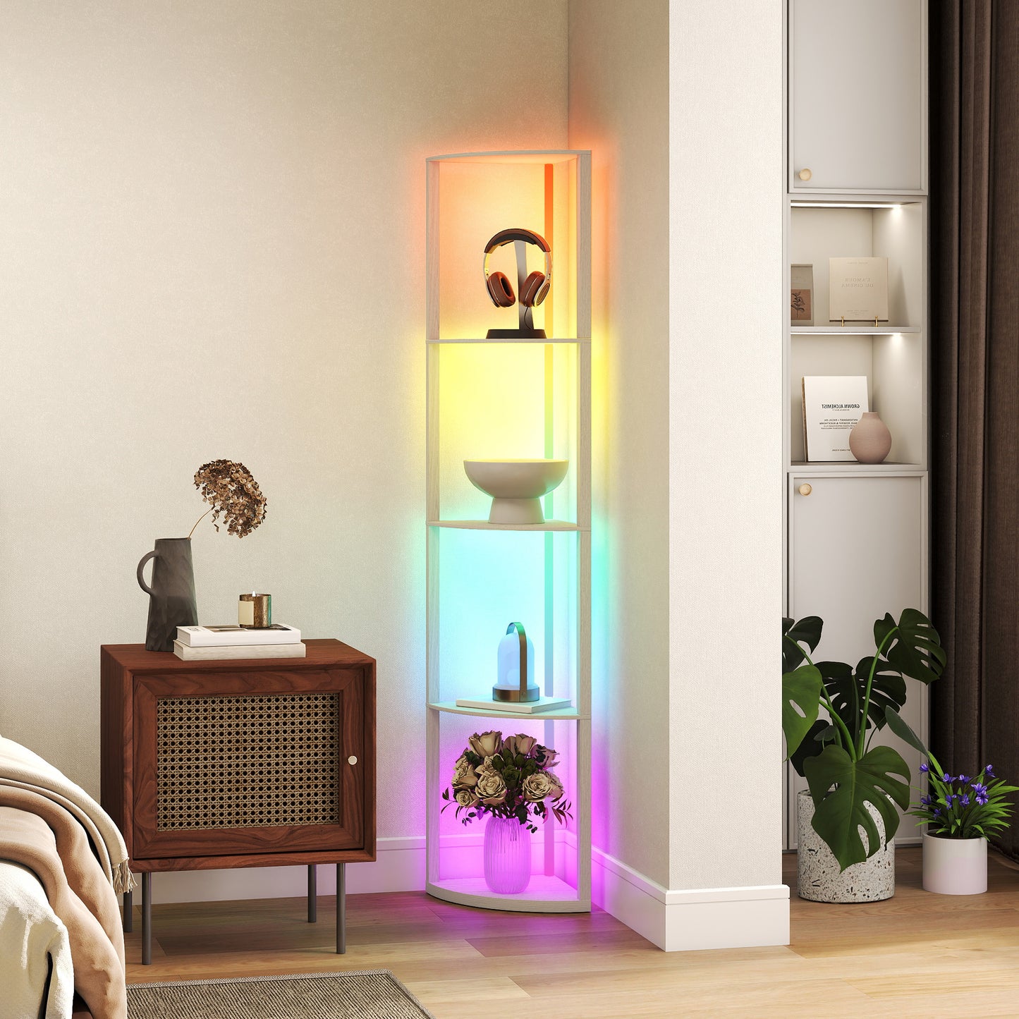 RGB LED Floor Lamp with Shelves, 4-Tier Dimmable Standing Lamp with Remote Control, Oak