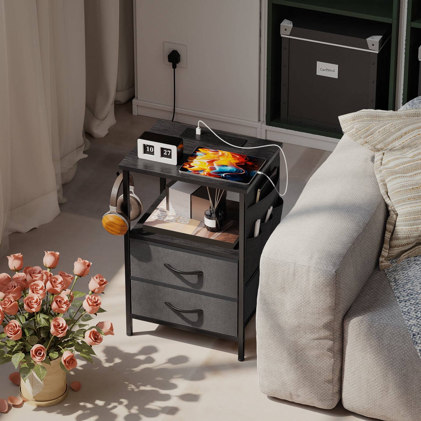 Bedside Table with Charging Station - Black