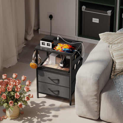 Bedside Table with Charging Station - Black