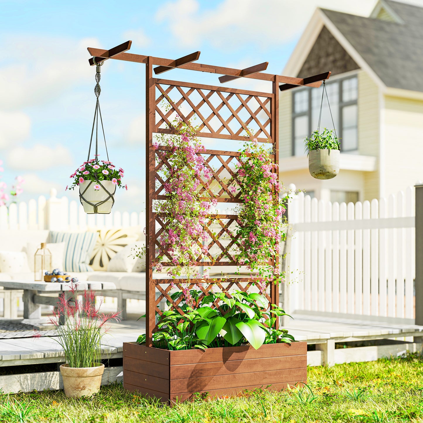 Wooden Trellis Planter Box, Raised Garden Bed to Grow Vegetables, Herbs and Flowers, Orange