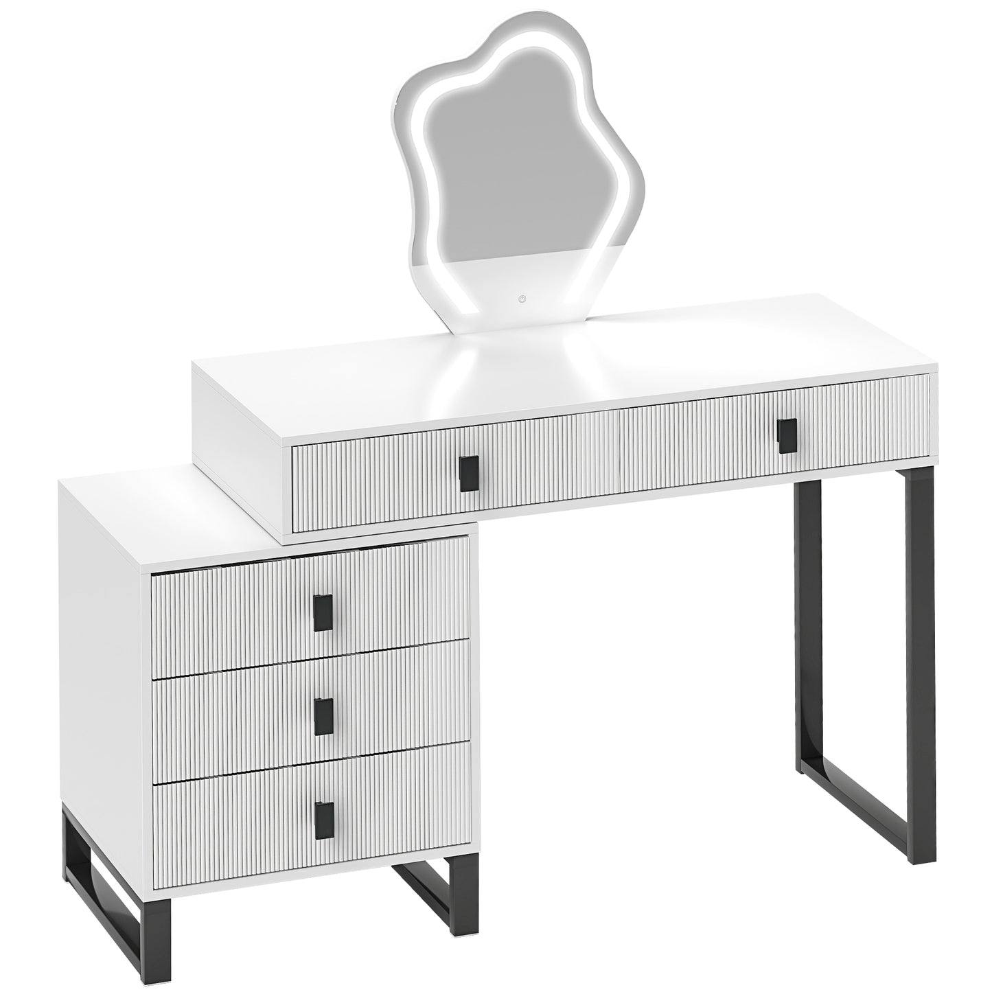 Dressing Table, Vanity Desk with Leaf Shape Mirror, Makeup Table with 5 Drawers, 3-Colour LED Lights, 100x40cm Tabletop