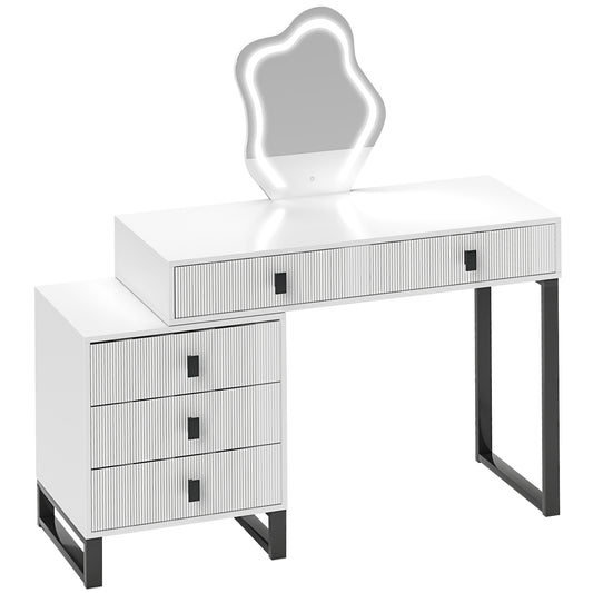 Dressing Table, Vanity Desk with Leaf Shape Mirror, Makeup Table with 5 Drawers, 3-Colour LED Lights, 100x40cm Tabletop