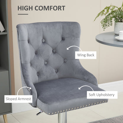 Bar Stools Set of 2, Modern Swivel & Adjustable Velvet Barstools with Button-Tufted Back, Footrest for Home Bar, Grey