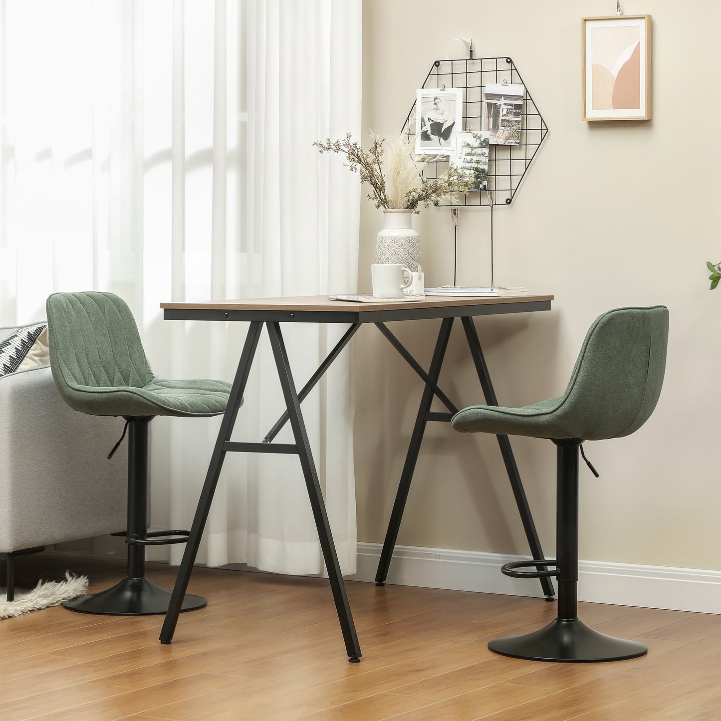 Breakfast Bar Stools Set of 2 Linen upholstery 60-80cm Adjustable Height - Green