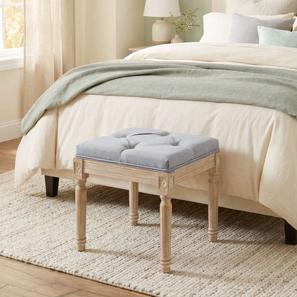 Vintage Foot Stool, Tufted Square Footrest with Wood Legs, Light Grey
