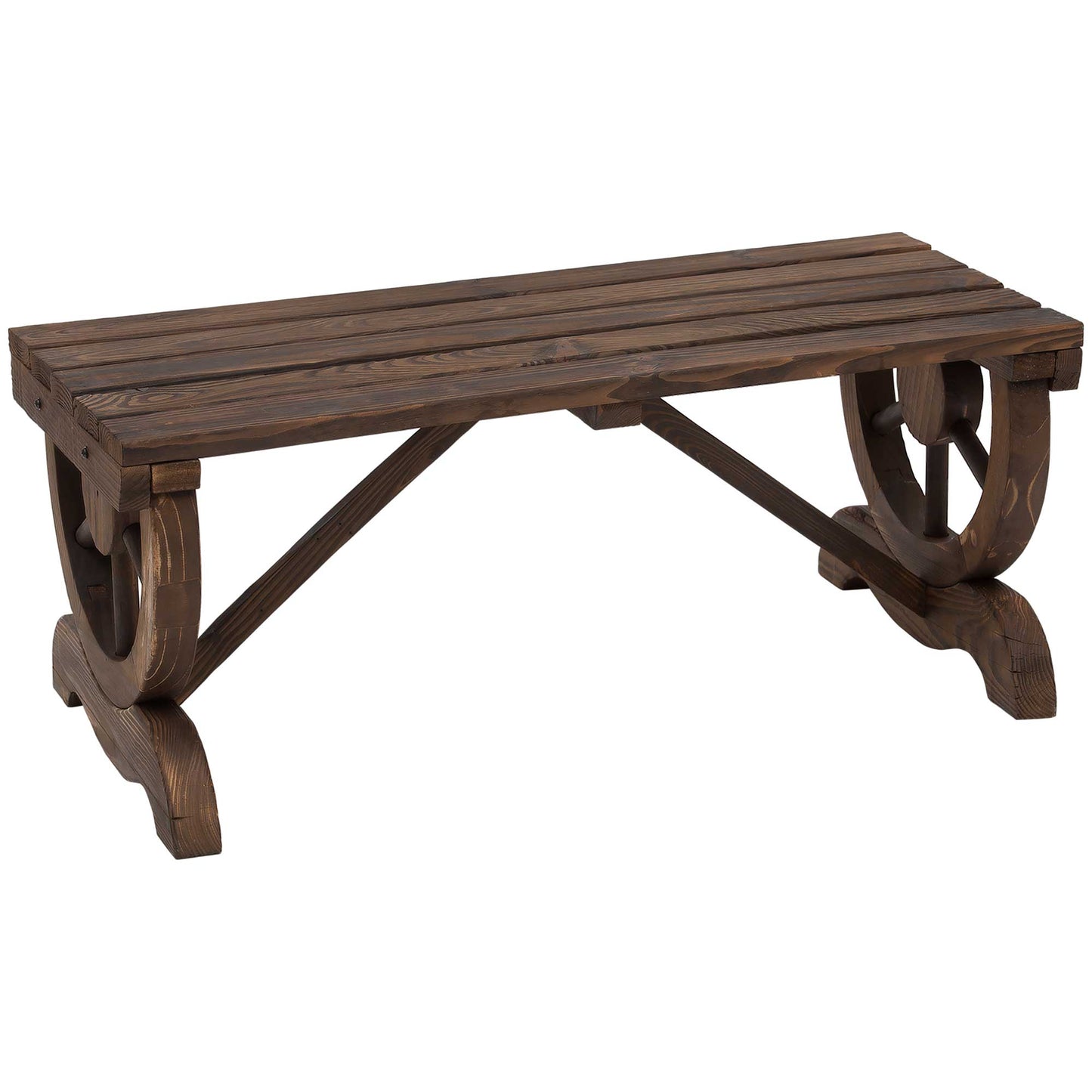 Garden Rustic Wooden Bench Wheel-Shaped Legs Slatted Seat Stable Reinforced Structure Outdoor Patio Garden 2-Person Bench Sea