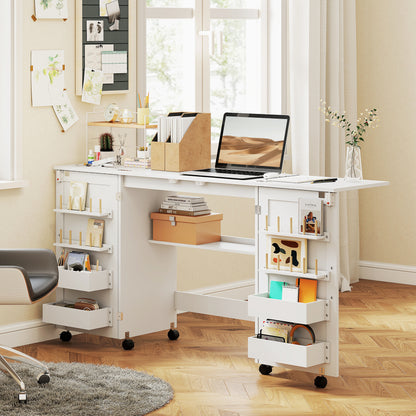 Folding Sewing Table with 2 Magnetic Doors, Storage Shelf, Lockable Wheels, Space Saving, White