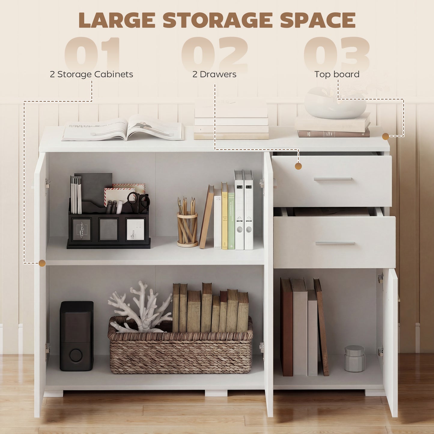 Sideboard, Modern Storage Cabinet with 2 Drawers, 3 Doors and Adjustable Shelves, White