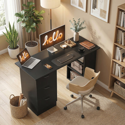 Computer Desk, Writing Table, PC Workstation with 3 Storage Shelves and Drawers, Handle, for Home Office, Black