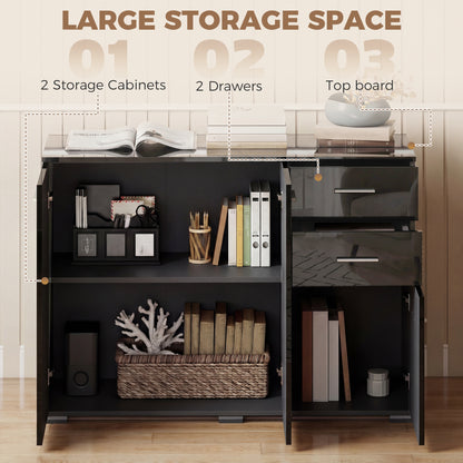 Sideboard, Modern Storage Cabinet with 2 Drawers, 3 Doors and Adjustable Shelves, High Gloss Black