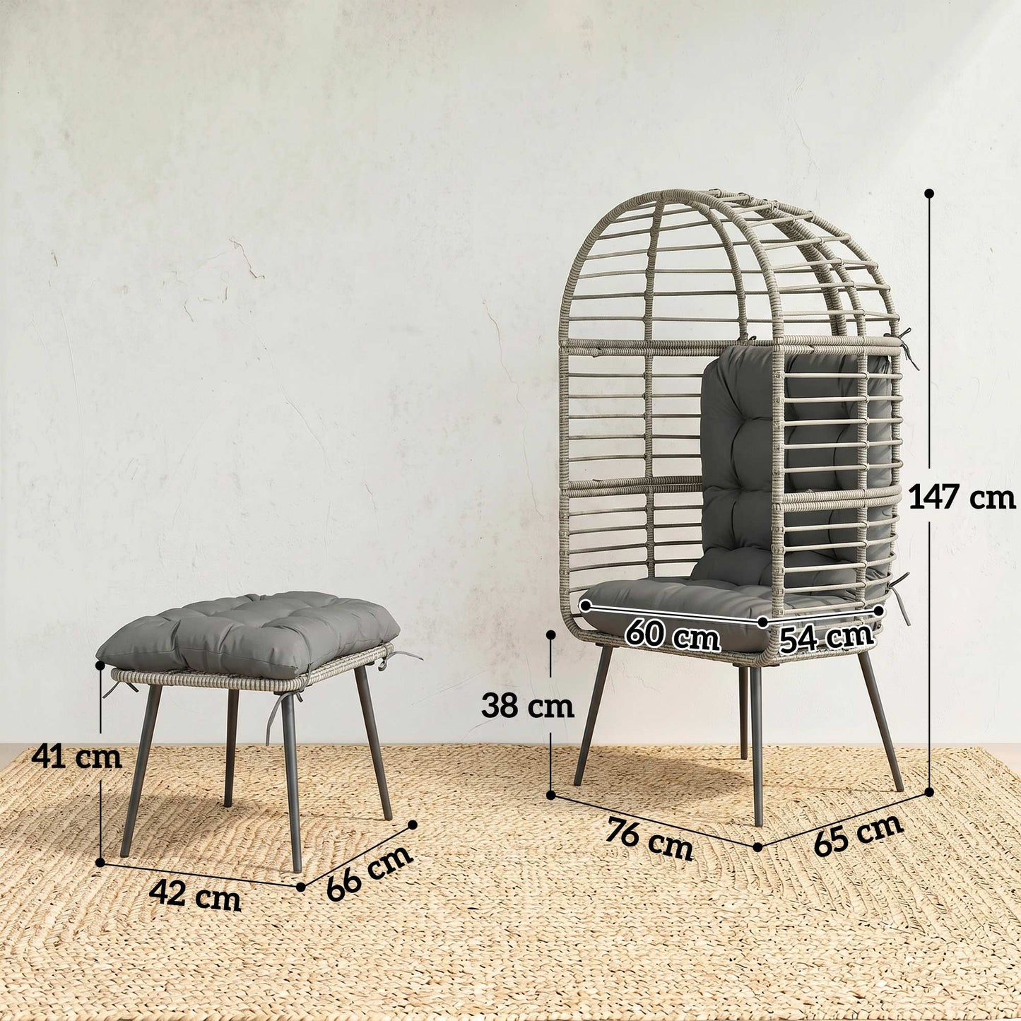 Garden Egg Chair with Footstool, Rattan Indoor Outdoor Lounge Chair and Ottoman Set with Thick Cushions, Light Grey