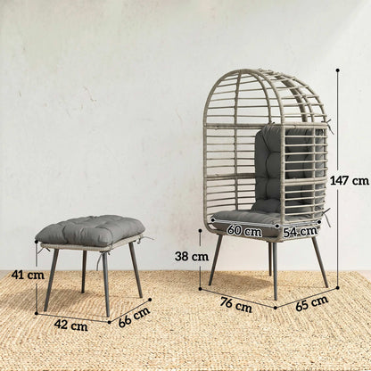 Garden Egg Chair with Footstool, Rattan Indoor Outdoor Lounge Chair and Ottoman Set with Thick Cushions, Light Grey