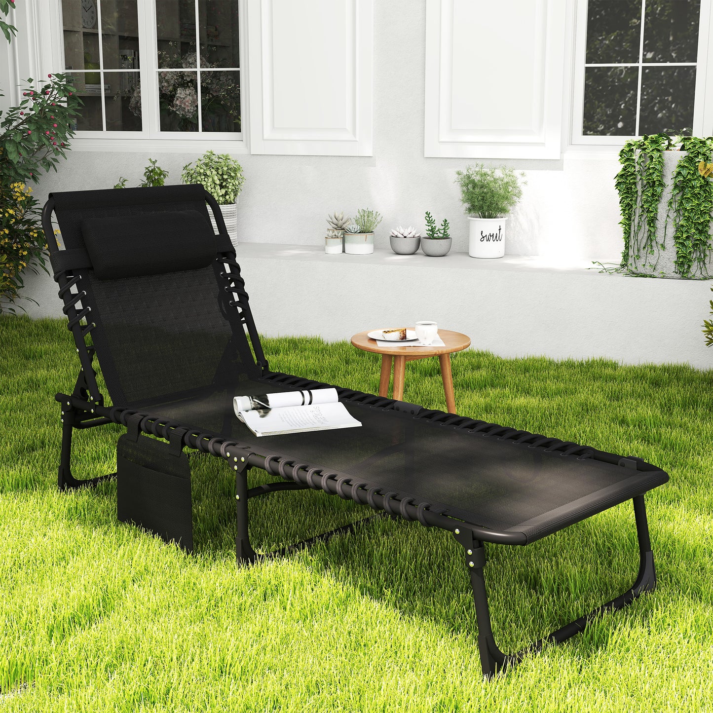 Portable Sun Lounger, Folding Camping Bed Cot, Reclining Lounge Chair 5-position Adjustable Backrest with Side Pocket